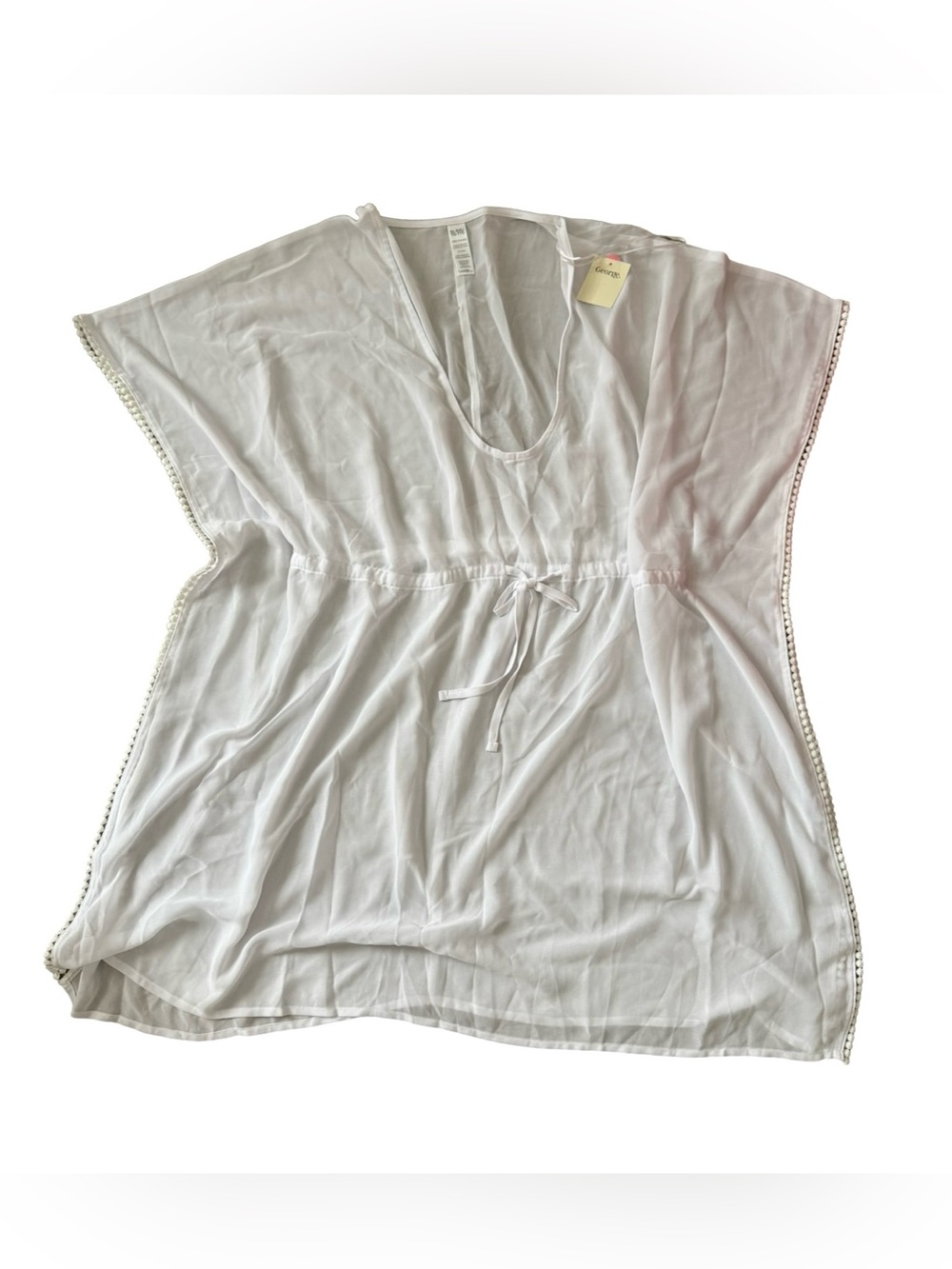 George Women’s Swimsuit Cover-Up XL-XXL White Drawstring Crochet Trim NWT